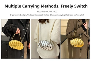 Closer look at the pleated metal evening clutch with beaded handle and chain strap