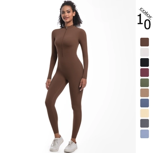 Combinaison de Yoga Femme Demi-Zip Haute Élasticité Coupe Slim Manches Longues Body Une Pièce Sport Fitness Course Survêtement Top And Bottom
