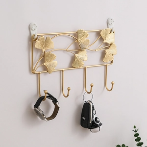Golden metal ginkgo leaf wall hooks for entryway key storage and wall decor