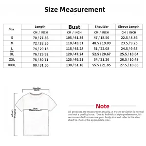 Detailed size chart for men's short sleeve T-shirt set with CM and INCH measurements