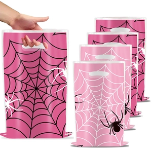 Pink spider web themed plastic party bags with die-cut handles for Halloween events