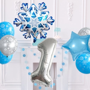 Set palloncini primo compleanno tema invernale con fiocchi di neve e numero 1