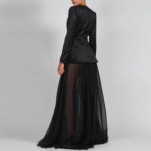Elegantes Set aus schwarzem Satin-Blazer und durchsichtigem Chiffon-Maxirock für Damen