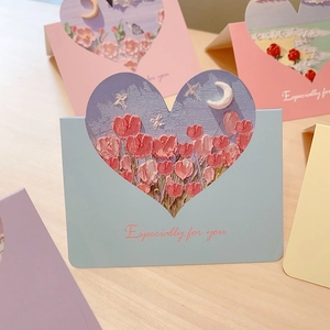 Macro shot of 3D oil painting greeting card with heart cutout and Especially For You text