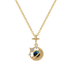 Titanium star and moon planet necklace with blue stone and crystals for women