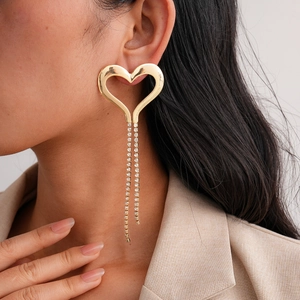 Elegant 18K gold plated hollow heart earrings with long sparkling rhinestone tassels