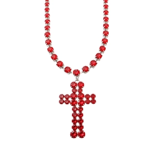 Elegant silver cross necklace featuring vibrant red crystals and a shimmering square link chain