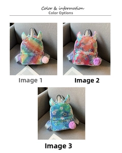 Detailed view of colorful unicorn backpacks with sequins and furry pom pom keychains