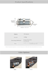 Detailed dimensions of the denim and PU cylinder crossbody bag with chain strap