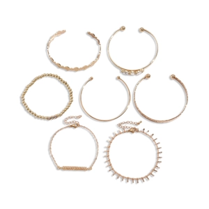 7-piece rose gold geometric bracelet set with rhinestones for women on white background
