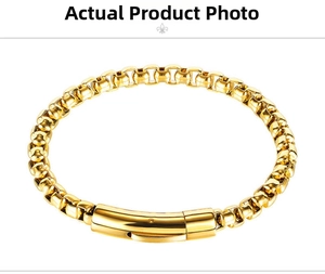 Detailed view of gold plated stainless steel box chain with a cylindrical snap clasp
