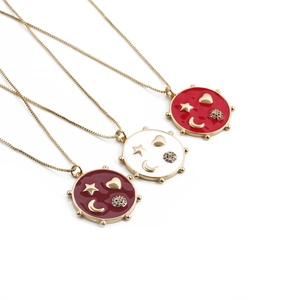 Copper Round Pendant Necklace Enamel Star Moon Heart Zircon Fashion Jewelry Women