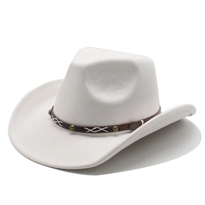 Detail of white faux suede cowboy hat with studded brown leather band and embroidery