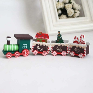 Classic wooden Christmas train set with 4 cars featuring red and green festive patterns