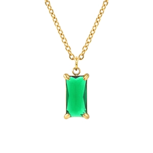 Detailed shot of emerald cut square zircon pendant on 18K gold plated steel chain