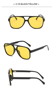 Multiple views of double bridge aviator sunglasses with black frame and yellow lenses