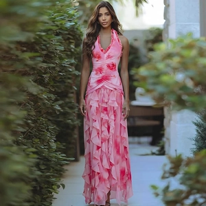 Détails du décolleté à volants et ourlet en mousseline de cette robe licou fleurie