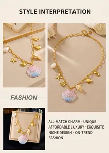 Detail of gold starfish and dolphin ocean charms on a blue seashell pendant necklace