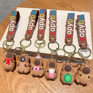 Cute capybara keychains set with six unique characters and brown soft silicone wrist straps