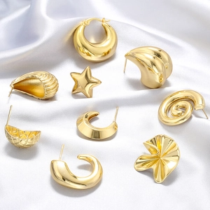 Irregular Geometric Brass Earrings Wrinkled Star Spiral C-Shape Vintage French Style Polished Studs For Women