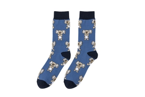 Blue cotton crew socks featuring a cute grey koala pattern and dark blue heel accents
