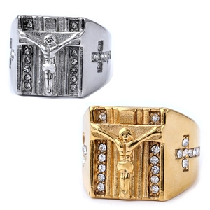 Jesus Crucifixion Relief Ring Stainless Steel With Rhinestone Cross Religious Punk Faith Jewelry For Men Unisex