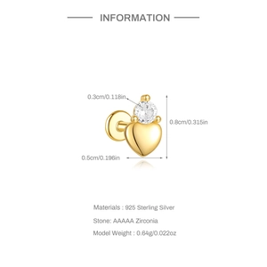 Detailed size information and specifications for gold heart S925 sterling silver ear studs