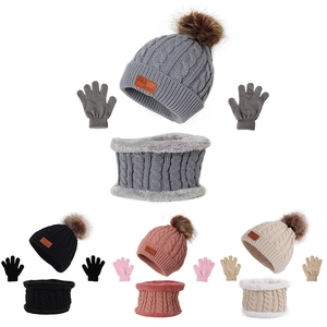 Winter knit baby hat, scarf, and gloves set with faux fur pom and soft fleece lining