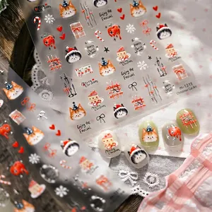 Stickers ongles de Noël en relief avec chats mignons, gâteaux fraise et flocons