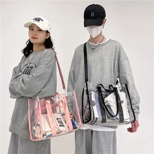 Clear PVC crossbody beach bags in pink and black colors shown on male and female models