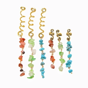 Ethnic gold hair rings with natural stone charms for braids and dreadlock styling
