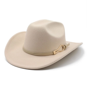 Classic beige wool felt cowboy hat with gold buckle and stylish wide brim for men and women