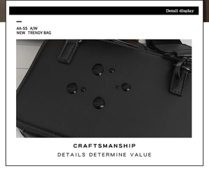Macro shot of minimalist black box bag showing waterproof matte leather texture with water droplets