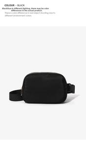 Detail view of black waterproof nylon waist bag with metal zipper and adjustable buckle strap