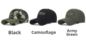 Detailed embroidery of gold wings and red star on camo, black, and green baseball caps