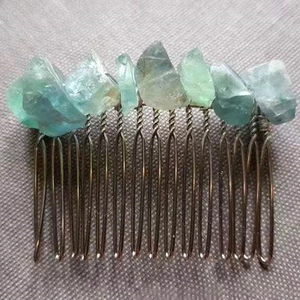 Handmade silver hair comb with natural green fluorite crystal shards on 15 metal teeth