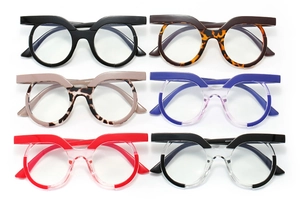 Multiple colors of irregular round owl glasses frames displayed in a grid on white background