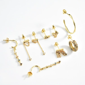 S925 gold-plated C-shaped earrings with colorful zircon stones on white background