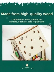 Detail of wooden Christmas house with hollow stars and festive painted holiday patterns