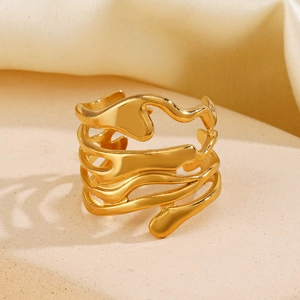 Adjustable golden irregular lava ring with layered fluid metal aesthetic on stone base