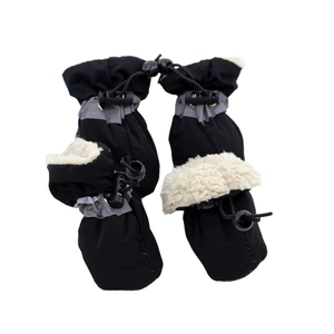 Detail view of reflective pet boots with warm fleece lining and adjustable drawstrings