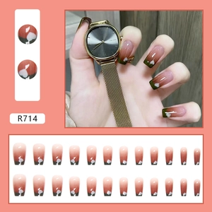 French ballerina press-on nails with green gradient and white hearts, 24-piece set