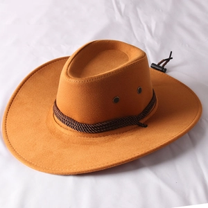 Close-up of yellow suede cowboy hat with braided leather band and adjustable chin strap