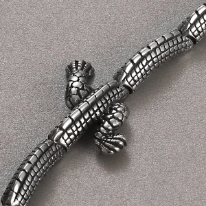 Macro view of detailed silver dragon scale texture and claws on stainless steel bracelet