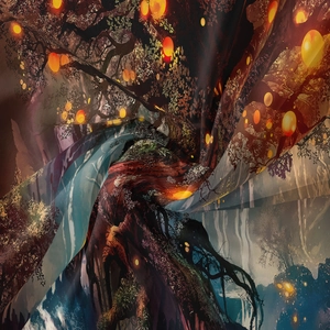 Detail of bohemian forest tapestry fabric showing digital print and silky texture folds