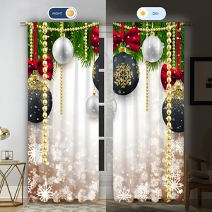 Detail of Christmas curtains showing digital print quality in night and day lighting