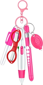 Pink multi-functional nurse tool kit with folding scissors, pupil pen, and LED keychain