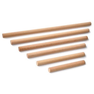 Solid wood rolling pins in various sizes with natural grain on white background
