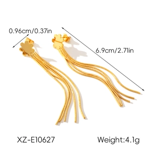 Detailed size specifications for gold stainless steel tassel earrings showing 6.9cm length