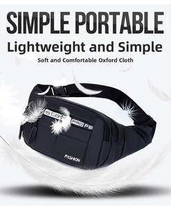 Close-up of lightweight black waterproof oxford fanny pack with multiple zipper pockets